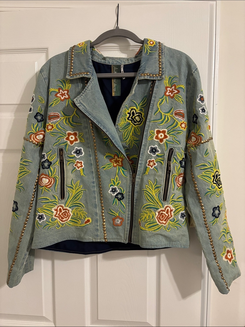 Embroidered Floral Light Blue Jean Jacket by Aratta - Picture 2 of 7